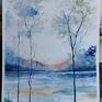 pejzaż niebiesko szary formatu 24/32 cm - akwarela drzewa