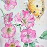 Obraz przedstawia kwiaty dzikiej róży i motyla - kwintesencję lata