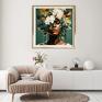 Wydruk na płótnie premium 390g w rozmiarze 50x50 cm przedstawiający abstrakcyjny portret czarnoskórej kobiety z kwiatami i liśćmi we włosach. Obraz do salonu