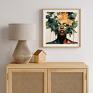 Wydruk na płótnie premium 390g w rozmiarze 50x50 cm przedstawiający abstrakcyjny portret czarnoskórej z kwiatami i liśćmi we włosach. Afrykańska kobieta