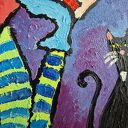 Autorski obraz olejny fowizm "Babcia i kot" do salonu (21x29 cm)