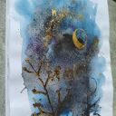 Abstrakcja Nocne Niebo Akwarela Złoto Księżyc Runy Ezoteryka 30x42