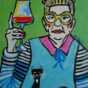 Obraz Babcia z lampką wina - akryl na płycie 21 x 29 cm, limitowana edycja
