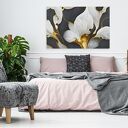 Obraz do salonu - BIAŁE KALIE KWIATY ZŁOTE AKCENTY - 70x50 cm (100101)