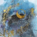 Abstrakcja Nocne Niebo Akwarela Złoto Księżyc Runy Ezoteryka 30x42