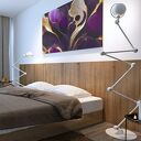 Obraz do salonu - ABSTRAKCJA FIOLET I ZŁOTO ORGANICZNE FORMY - 70x50 cm (100301)