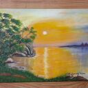 Pejzaż akrylowy ręcznie malowany - Słońce w pomarańczu (zachód słońca nad wodą) 30x40