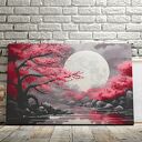 Obraz do salonu - KWITNĄCA WIŚNIA SAKURA KSIĘŻYC NAD JEZIOREM - 70x50 cm (106701)