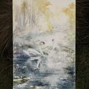 Złota Jesień nad Wodą - Akwarela z Łabędziami - Pejzaż w zestawie z białym passe-partout 50 &times; 70 cm