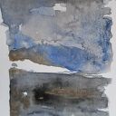 Abstrakcja akwarelowa 24x32 cm - niebieskie, szare i złote akcenty
