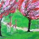 Obraz ręcznie malowany na płótnie Secret garden - jeleń i sarny, 40x40 cm