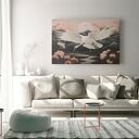 Obraz do salonu - ŻURAW W LOCIE SAKURA GÓRSKI KRAJOBRAZ - 70x50 cm (106901)