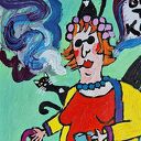 Obraz olejny do salonu „Gdzie te koty?” - karykatura babci z humorem
