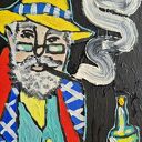 Obraz olejny: portret dziadka i czarne koty, które widzą
