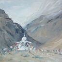 Nepal - obraz olejny z górami i stupą buddyzmu (50x70 cm), gotowy do zawieszenia