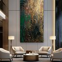 Ręcznie malowany obraz 80x160 cm w kolorach złoto - miedź i szmaragd