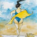 "BODY POSITIVE 2" akwarela artystki Adriany Laube - kobieta, plaża, morze, lato