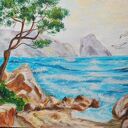 OBRAZ RĘCZNIE MALOWANY AKRYLOWY "SKALISTE WYBRZEŻE" - 24x30cm