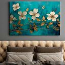 Obraz do salonu - ZŁOTE KWIATY NA TURKUSOWYM TLE - 70x50 cm (103001)