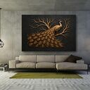 Obraz na płótnie - złoty paw na drzewie, czarne tło 120x80 cm