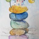 Miasteczko z kotami - obraz akwarelowy 12,5 x 18 cm