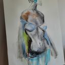 Walking in Blue 70x100 - obraz kobiety w technice węgiel, pastel i akryl