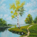 OBRAZ RĘCZNIE MALOWANY AKRYLOWY "BRZOZOWA SAMOTNIA" - 30x24 cm