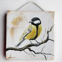 Ptak sikorka obraz malowany na desce /12/