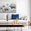 Obraz do salonu - NIEBIESKO-ZŁOTE KWIATY LOTOSU - 70x50 cm (103201)