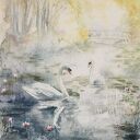 Złota Jesień nad Wodą - Akwarela z Łabędziami - Pejzaż w zestawie z białym passe-partout 50 &times; 70 cm