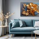 Obraz do salonu „Złoty Kwiat 3D” z niebieskimi akcentami - 70x50 cm (na płótnie)