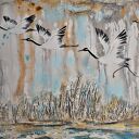 Żurawie 24 ptaki obraz do salonu malowany na płótnie