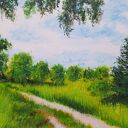 OBRAZ RĘCZNIE MALOWANY AKRYLOWY "Z DALA OD MIASTA" - 30x24cm
