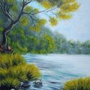 OBRAZ RĘCZNIE MALOWANY AKRYLOWY "NAD SAMĄ WODĄ" - 30x24cm