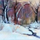 ZIMA - obraz w pastelach suchych 18x24 cm (fiolet, biel, brąz)
