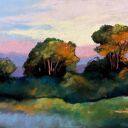 Pejzaż w pastelach suchych 18x24 cm - zielone, żółte i brązowe tony