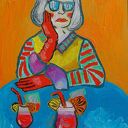 obraz olejny portret babcia z drinkiem