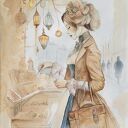 Akwarela vintage - Portret kobiety z epoki wiktoriańskiej - ręcznie malowana, passe