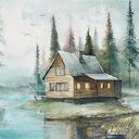 Spokojne zacisze - klimatyczna akwarela z domkiem nad jeziorem, passe-partout 40x50 cm