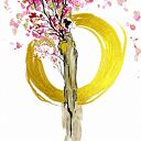 "Sakura" akwarela z dodatkiem tuszu oraz złotych płatków - Japonka, gejsza, kwiat