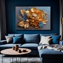 Obraz do salonu „Złoty Kwiat 3D” z niebieskimi akcentami - 70x50 cm (na płótnie)