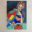 Ręcznie malowany obraz olejny do salonu - ekspresyjna kobieta w abstrakcji 21x29 cm