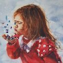 Dziewczynka w czerwonej sukience - oryginalny obraz akwarelowy 42 x 29,7 cm