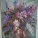 Oryginalny duży obraz olejny sygnowany 9 - kwiaty w niebiesko-fioletowej tonacji (40x50 cm)