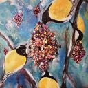 Uczta - ręcznie malowany obraz akrylowy ptaki i natura na płótnie 40 x 40 x 2 cm