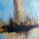 Abstrakcyjny obraz akrylowy 60x60 cm - złote, niebieskie i szare akcenty