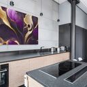 Obraz do salonu - ABSTRAKCJA FIOLET I ZŁOTO ORGANICZNE FORMY - 70x50 cm (100301)