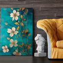 Obraz do salonu - ZŁOTE KWIATY NA TURKUSOWYM TLE - 70x50 cm (103001)