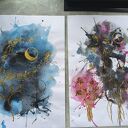 Abstrakcja Nocne Niebo Akwarela Złoto Księżyc Runy Ezoteryka 30x42