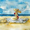 "Body positive 4" akwarela artystki Adriany Laube - kobieta, plaża, morze, lato